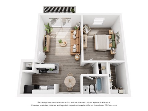 Floor plan for 1 bed, 1 bath, 623 sqft
